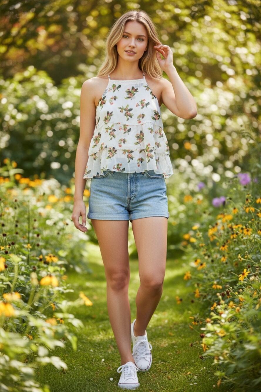 Abercrombie & Fitch White Green Floral Tiered Ruffle Sleeveless Blouse Size XS